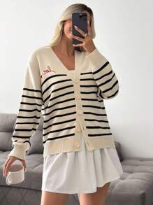 EURMUSE Sweetheart Script Embroidery Striped V-Neck Buttoned Knit Cardigan,Cardigans For Women,Long Cardigans Woman,Petite Cardigans,Cardigans - Black and White - View 6