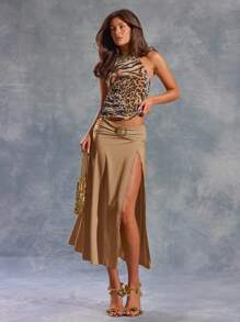 MUSERA 不对称下摆，修身腰部饰有搭扣的半身裙，适合夏季伊比沙岛、Y2K 风格，酷女孩节日、锐舞派对、度假俱乐部、可爱时尚、优雅假日和复活节等场合穿着。 - 杏色 - 查看 2