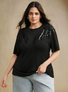 Anewsta Damen handgefertigtes besticktes Flügel Dekor lässiges einzigartiges schwarzes Kurzarm T-Shirt, Sommer, Damen Urlaubskleidung - Schwarz - Übersicht 2