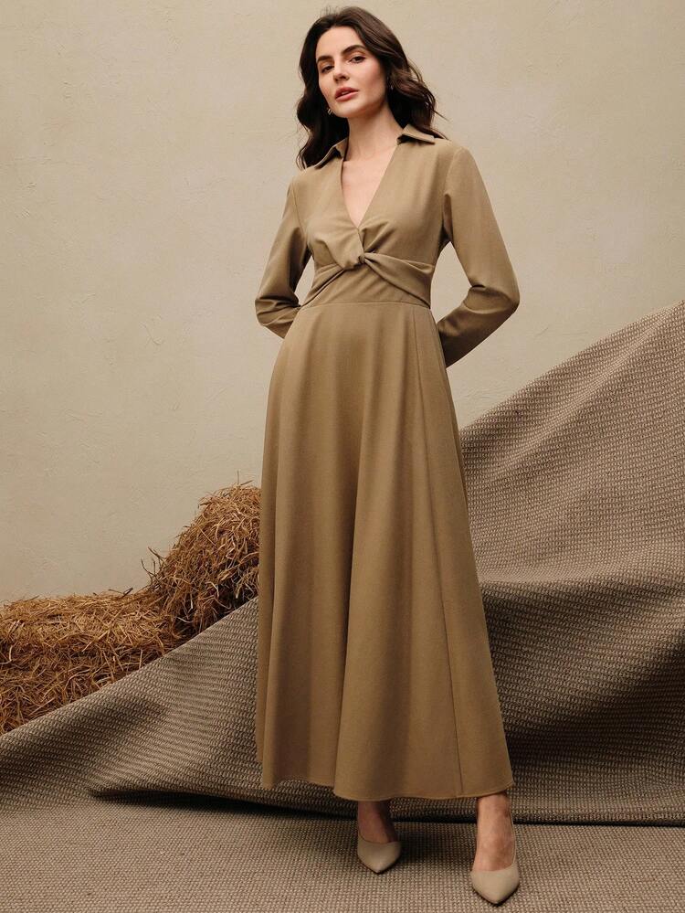 Elegant Minimalist Long Sleeve V-Neck Twist Front Fitted Dress