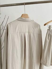 SHEIN Women 3pcs Set: Solid Drop Shoulder Loose Long Sleeve Shirt, Cami Top And Drawstring Waist Shorts, Spring/Summer - Multicolor - View 4