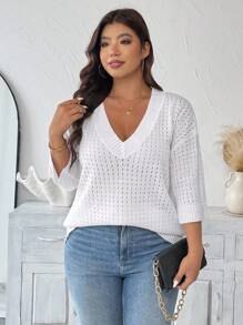 EMERY ROSE 大码镂空V领休闲度假针织套头衫秋冬款 - 白色 - 查看 4