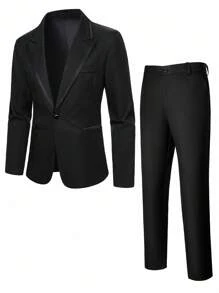 Calvornis Men's Solid Color Lapel Neck Long Sleeve Blazer And Pants Suit, Fashionable Casual Everyday Wear, Old Money - Black - View 4