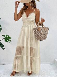 SHEIN Clasi Gaun Cami Bertekstur untuk Liburan Wanita Ukuran Plus dengan Hemline Berumbai dan Pinggang yang Diikat - Khaki - View 4