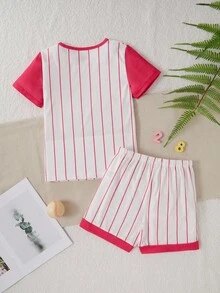 Conjunto de top de manga corta con rayas y shorts para niña, ropa de dormir casual adecuada para uso al aire libre - Rosa Fucsia - Ver 2