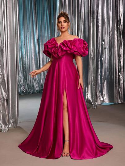 Glamrae Plus Size Elegant Romantic Fuchsia Off-Shoulder Puff Sleeve Exaggerated Design Wedding Dress With High Slit And A-Line Silhouette, Suitable For Wedding, Party, Graduation, Formal Evening Gown Off Shoulder