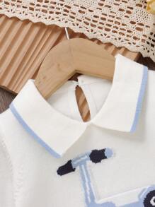 SHEIN Playful Pals 2pcs Baby Boy Casual Sweater Co-Ord Set - White Sweater With Toy Car Pattern + Knitted Blue Pants, Soft & Comfortable For Daily, Outing, Travel, Holiday, Home, Daycare, And Play Fall Winter - Blue and White - View 11