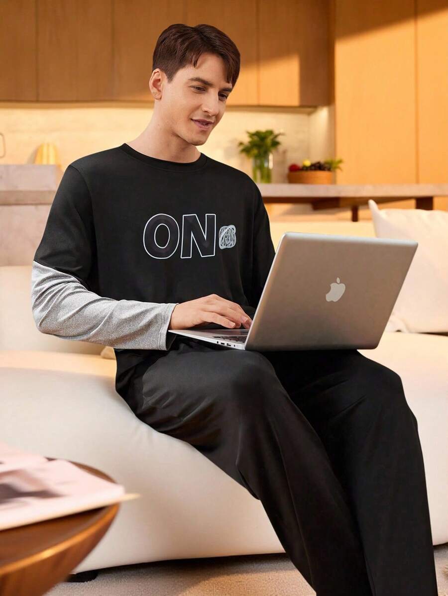 Manfinity Underwear&Sleepwear Basics Men's Solid Color Crew Neck Long Sleeve Top And Pants Pajama Set, Simple Homewear - Black - View 1