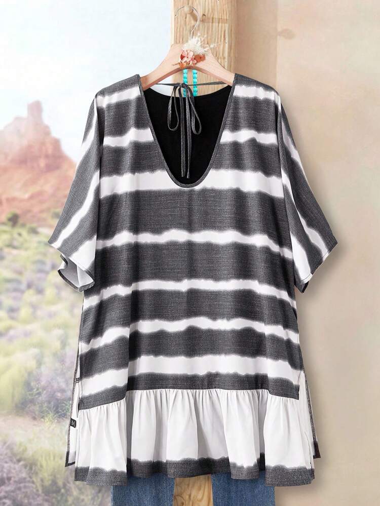 Plus Size Women's Summer Country Casual Loose Striped Tie-Dye Print Ruffle Hem Kimono Thin Outerwear,Summer Holiday,Vacation,Simple And Fashionable For Everyday Wear,Vacay Vibes,Springbreak,Casual Wear SS,Bohemia,Fall