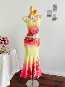 Soleia 女士度假风彩色海洋元素贝壳海星印花拼接荷叶边不对称腰身弹力腰拼接不对称下摆半身裙套装，适合派对、约会、海滩、下午茶、叠穿、返校、返校节等场合。 - 彩色 - 查看 1