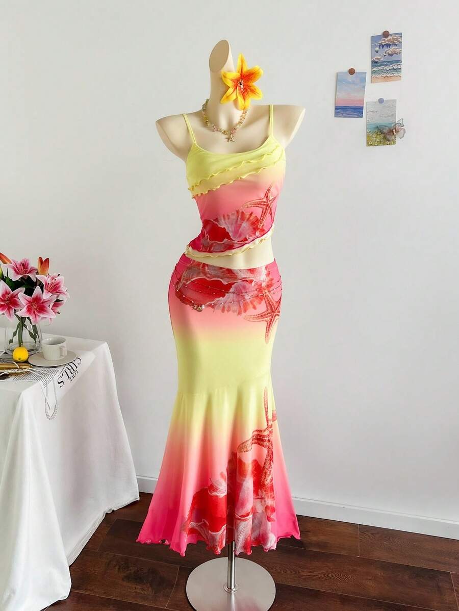 Soleia 女士度假风彩色海洋元素贝壳海星印花拼接荷叶边不对称腰身弹力腰拼接不对称下摆半身裙套装，适合派对、约会、海滩、下午茶、叠穿、返校、返校节等场合。 - 彩色 - 查看 1