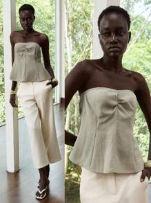 Lumivelle 女士夏季天丝亚麻纹理简约百搭舒适抹胸 - 綠色 - 查看 8