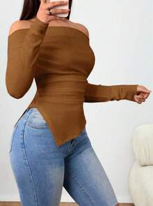 SHEIN Foxxy Áo thun trễ vai nhún vai và viền bất đối xứng, vải thu cho nữ - Màu nâu  Mocha - Xem 4