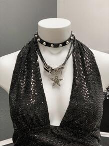 StreetHx 女式黑色亮片细肩带吊带背心，夏季 - 黑色 - 查看 3