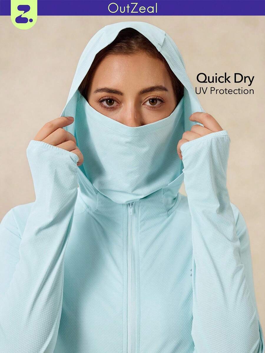 OutZeal Women UV Protection UPF50+ Breathable Drawstring Waist Hooded Mask Sun-Proof Jacket Hiking Camping Sports - Baby Blue - View 1