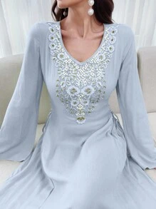 Al Najma Women's Elegant Embroidered & Beaded Arabic Style Long Dress,Modest