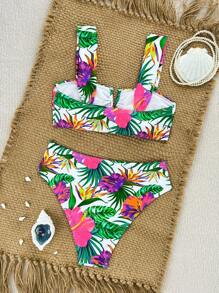SHEIN 2pcs/Set New Multicolor Small Ditsy Floral Side High Cut Bikini Swimsuit, Spaghetti Strap Beach Vacation Women Swimwear For Summer