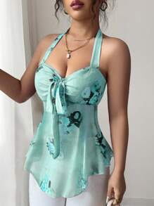 Elenzga Áo hai dây rút eo họa tiết hoa mùa hè cho nữ, phong cách kỳ nghỉ thường ngày, lưới co giãn, gợi cảm, hở vai - màu xanh lá - Xem 4