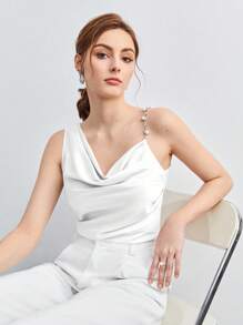 BizChic Women's Asymmetric Design Ruched Metal Decor Strap Blouse, Basic Minimalist Elegant Chic Business Casual, Suitable For Urban Commute, Office, Teacher, Wedding Guest, Music Concert - White - View 1