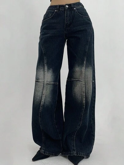 DAZY 女式复古做旧休闲时尚百搭阔腿纽扣牛仔裤