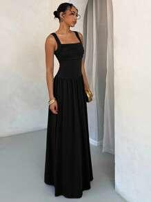 SHEIN BAE Elegancka, jednolita, brązowa sukienka damska z obszernym kołnierzykiem i rozkloszowaną spódnicą, odpowiednia na wiosnę i lato