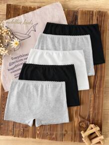 5 件/包青少年/女士蕾丝边基本款黑白灰色内衣内裤，甜美简约 - 彩色 - 查看 1