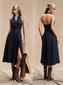 Easelle 女式复古休闲挂脖系带侧开衩牛仔连衣裙 - 藍色 - 查看 2