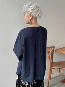 FRIFUL Women's Solid Navy Blue Drop Shoulder 3/4 Sleeve Patchwork Cotton Embroidered Pleated Casual Loose Versatile Blouse, Business Casual - Navy Blue - View 5