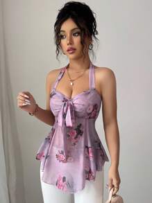 Selianne 女式夏季细肩带松紧腰休闲度假花卉印花透明网眼露背吊带背心 - 彩色 - 查看 5