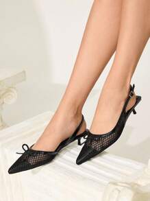 CUCCOO CHICEST Women's Pointed Toe Bowknot Mesh Patchwork Kitten Heel Elegant Commuter Fashion Black Mesh High Heel Sandals, Suitable For Afternoon Tea, Date, Workplace, Halloween - Black - View 3