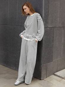 Maija 女士系带前口袋条纹简约休闲运动裤，日常穿着，节日