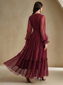 Anewsta Đầm dài tay bèo nhún cổ chữ V lãng mạn, chấm bi, lưới chắp vá, ren dành cho nữ nhân dịp Giáng sinh và năm mới - Màu Đỏ Sâu - Xem 3