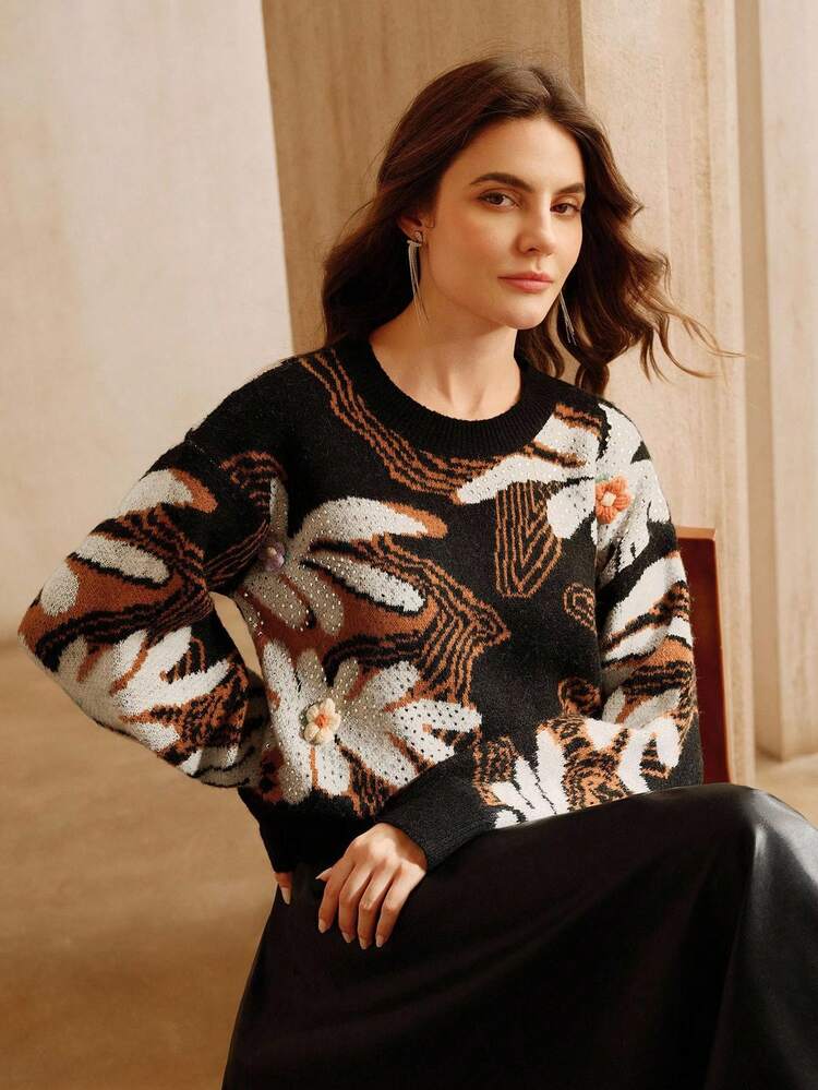 Elegant Casual Oversized Beaded Floral Crewneck Sweater, Suitable For Fall, Winter, Spring, New Year, Party, Wedding