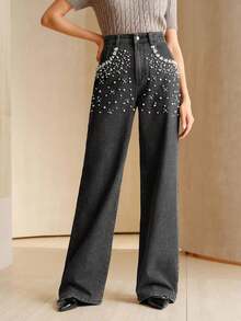 Anewsta Celana Jeans Biru Wanita Mewah Berhiaskan Manik-Manik dan Berlian Imitasi ala Prancis - Light Wash - View 3