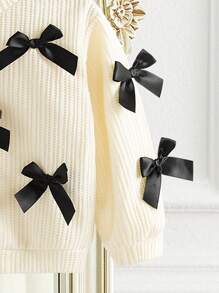 SHEIN 可爱 Babygirl 休闲百搭米色针织蝴蝶结圆领长袖套头衫，适合日常穿着和外出，春秋季