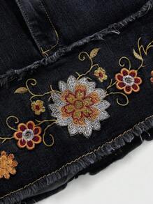 ROMWE Fairycore Minifalda de mezclilla con bordado floral y dobladillo con flecos para mujer - Azul - Ver 3