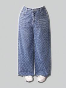 SHEIN CURVE+ Oversized Blue Jeans High Waist Straight Pants Exquisite Jacquard Denim Material Autumn Casual Wear Going Out Outfits - Medium Wash - View 5