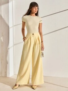 CLARA VERO Women's Butter Yellow High Waist Wide Leg Elegant Suit Pants - Yellow - View 5