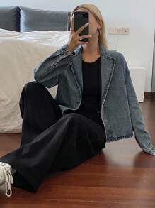 DAZY Women's Turndown Collar Loose Short Casual Denim Jacket And Coat - Medium Wash - View 6