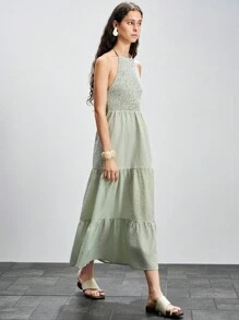 Lumivelle Romantic Dress Flared Dress Color Woven Bubble Plaid, Plaid, Checkered, Fitted, Sleeveless, Halter, Gathered, Multi-Tier Ruffle Hem, Pleated, Cinched Waist, Tie Back, Open Back, Oversized A-Line, Vacation, Holiday, Sexy, Elegant, Bohemian Vacation Style, Minimalist, Romantic, Casual, Women's Maxi Dress For Spring/Summer Pastel Green Dress Summer Dress Vintage Clothes For University Breezy Checks Season - Green - View 5