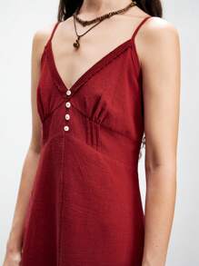 Lumivelle Women's Burgundy Summer Chic Cotton Maxi Dress, Deep V-Neck Spaghetti Strap High Slit Long Dress,Boho Dinner Date Elegant A-Line Vacation Resort - Burgundy - View 5