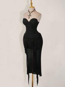 SHEIN ICON Robe ras-du-cou à la taille avec dentelle contrastée, robe en maille noire - Noir - Voir 3