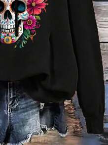 EMERY ROSE 大码女式休闲简约时尚街头骷髅与花卉图案落肩抽绳厚款黑色连帽卫衣，适合秋冬、Y2K、万圣节 - 黑色 - 查看 4