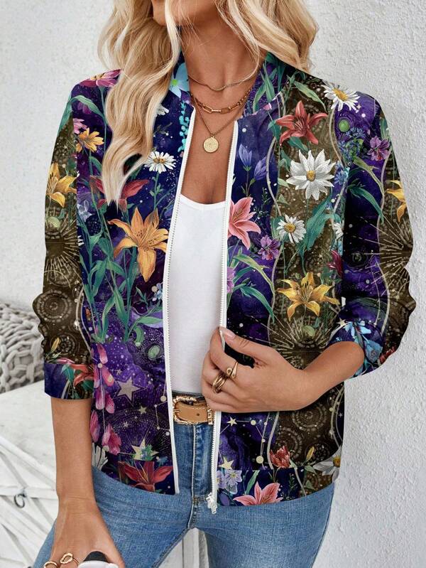 EMERY ROSE Women's Casual Zipper Floral Print Baseball Jacket, Suitable For Autumn/Winter