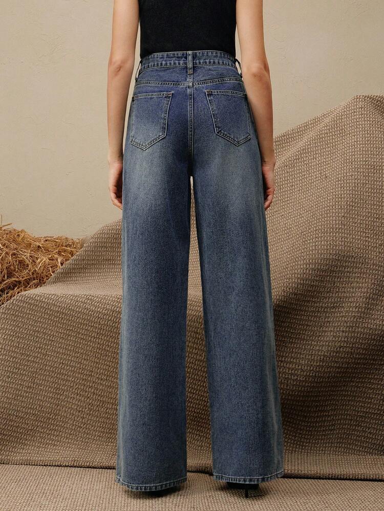 New European Style Embroidered Wide Leg Jeans, Loose & Slimming Wide Leg Denim Pants For Women
