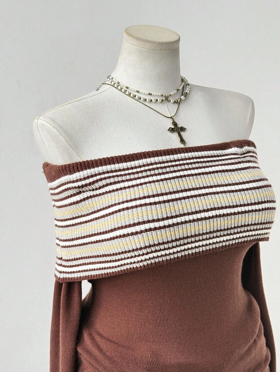 Sunspun Damen Große Größen Lässig Urlaubs Western Street Chic Farbblock gestreifter Umschlag-Schulter Figurbetonter Pullover, Herbst Strick Pullover Herbst Winter Vintage - Braun - Übersicht 1