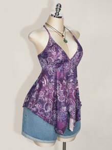 SHEIN ICON Plus Size Women Spring And Summer Going Out Vacation Casual Retro Printed Backless Halter Y2k V Neck Western Women Boho Beach Women Hippie Babydoll Top Purple - Purple - View 3