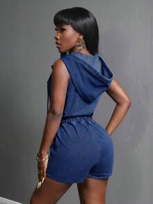 Slaydiva Bộ đồ liền thân denim không tay có mũ trùm đầu, túi tiện ích phía trước dành cho nữ, dây rút ở eo - Rửa tối - Xem 2
