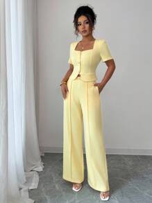 Elenzga Women's Short Sleeve Top And Pants 2 Pieces Set With Chain Decor