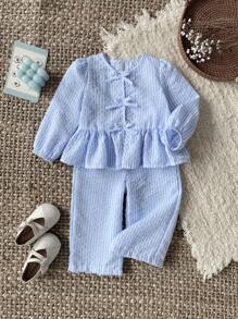 SHEIN 女婴幼儿新生儿0-3岁蓝白条纹蝴蝶结长袖衬衫+裤子套装，适合日常穿着，秋冬 - 藍色 - 查看 3